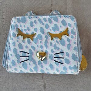 Betsey Johnson Leopard Print Pink, White & Blue Kitty Cat Bag Wallet EUC